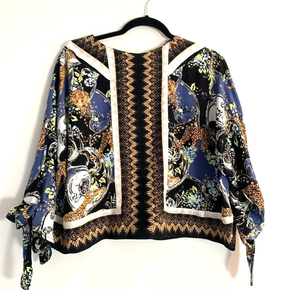 Free People Leopard Baroque Top XS Womens Blouse Tie Sleeve Boho Festival Artsy